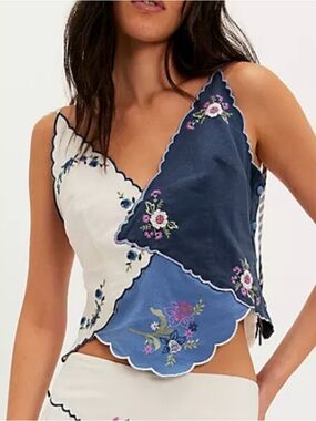 Free People Sacred Heart Patchwork Floral Scalloped Top